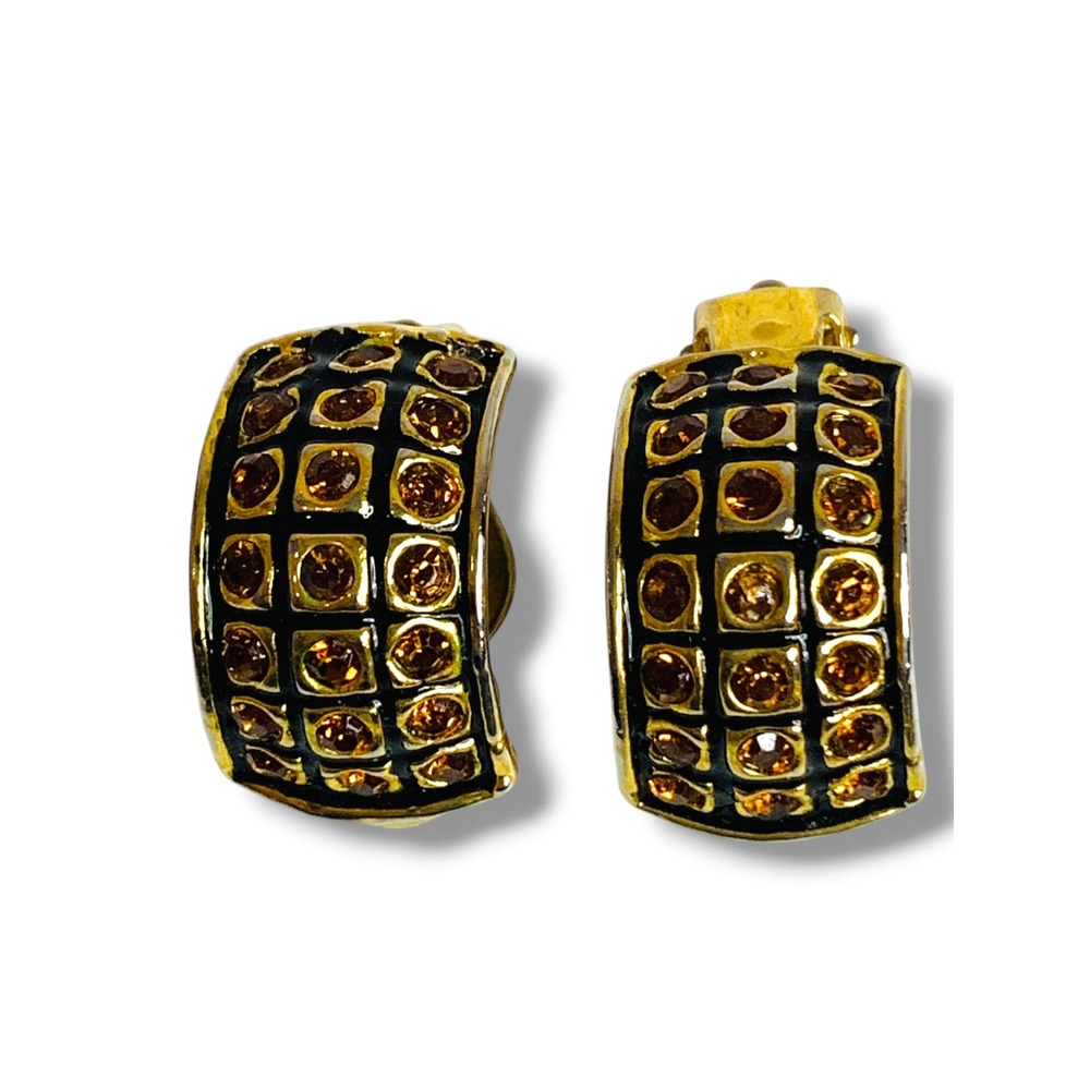 Vintage Demilune 1" Clip On Earrings Non-Pierced Goldtone Amber Color